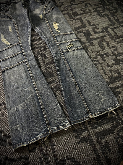 Semantic Design Multi Panel Crinkle Washed Distressed Flared Jeans