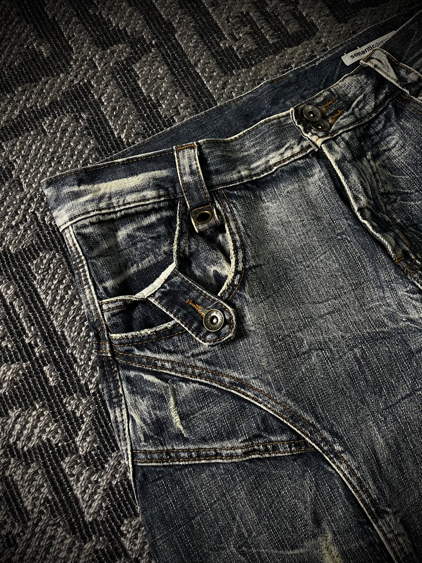 Semantic Design Multi Panel Crinkle Washed Distressed Flared Jeans