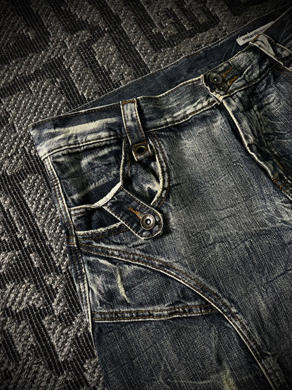 Semantic Design Multi Panel Crinkle Washed Distressed Flared Jeans