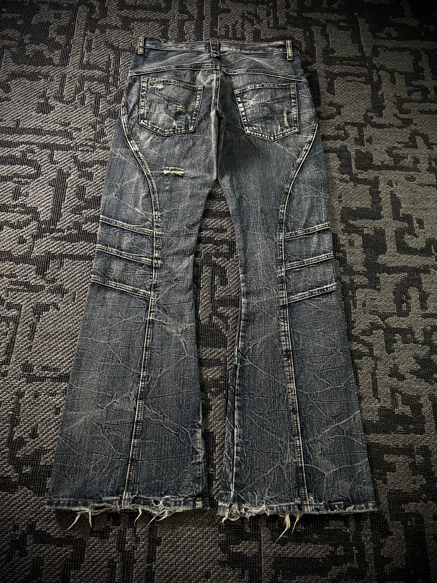 Semantic Design Multi Panel Crinkle Washed Distressed Flared Jeans