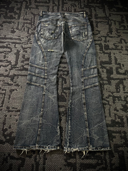 Semantic Design Multi Panel Crinkle Washed Distressed Flared Jeans