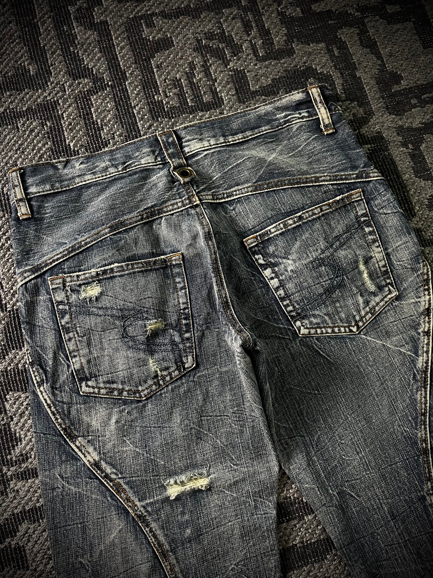 Semantic Design Multi Panel Crinkle Washed Distressed Flared Jeans