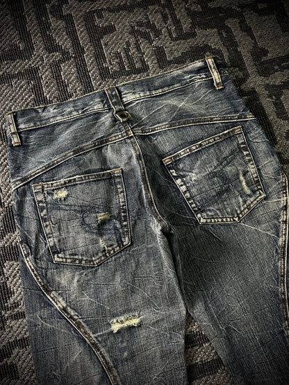 Semantic Design Multi Panel Crinkle Washed Distressed Flared Jeans