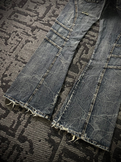 Semantic Design Multi Panel Crinkle Washed Distressed Flared Jeans