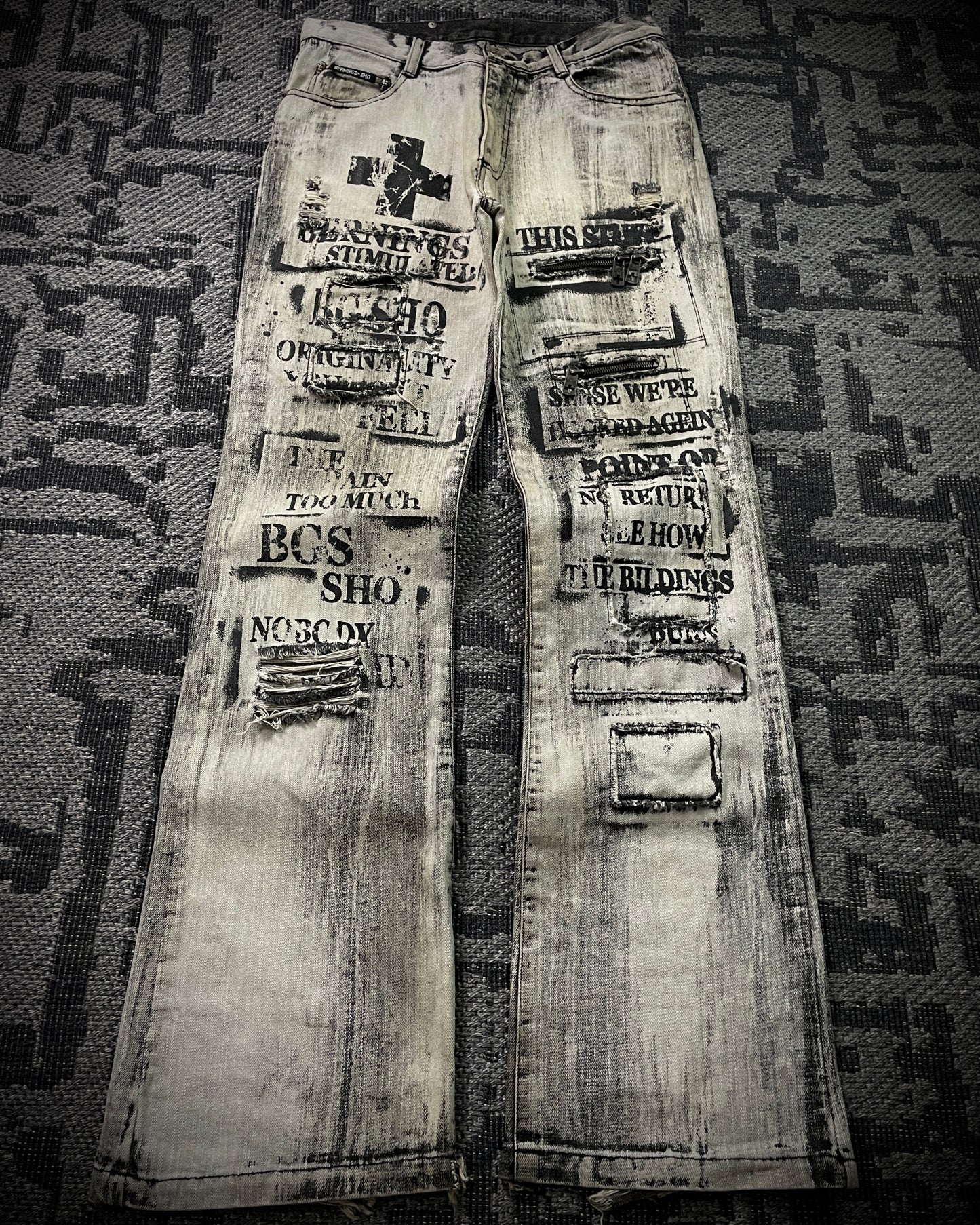 Bernings Sho Acid Wash Patchwork Multi Zip Poem Flared Jeans