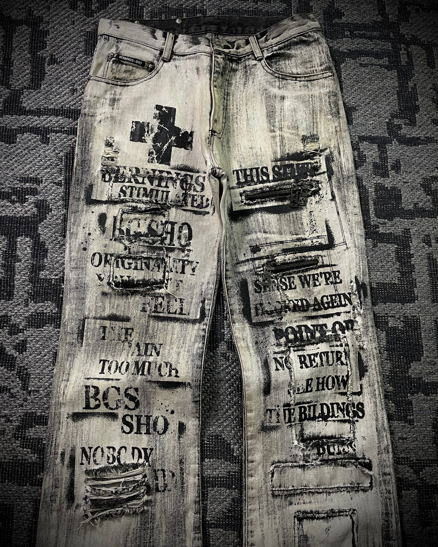 Bernings Sho Acid Wash Patchwork Multi Zip Poem Flared Jeans