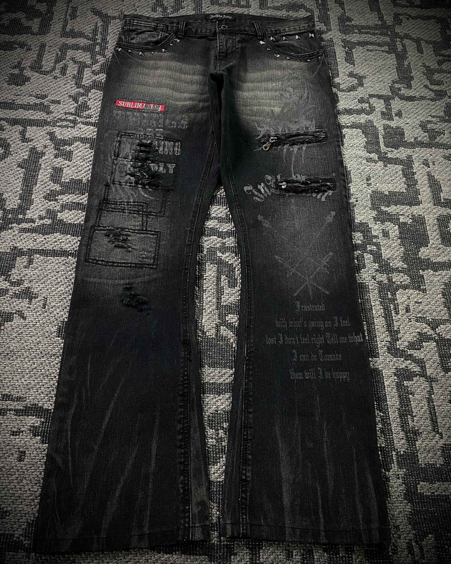 In The Attic Patchwork Studded Punk Bootcut Jeans