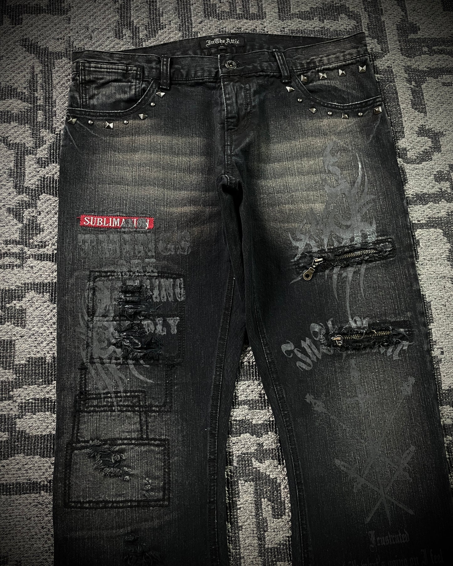 In The Attic Patchwork Studded Punk Bootcut Jeans