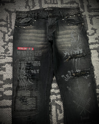 In The Attic Patchwork Studded Punk Bootcut Jeans