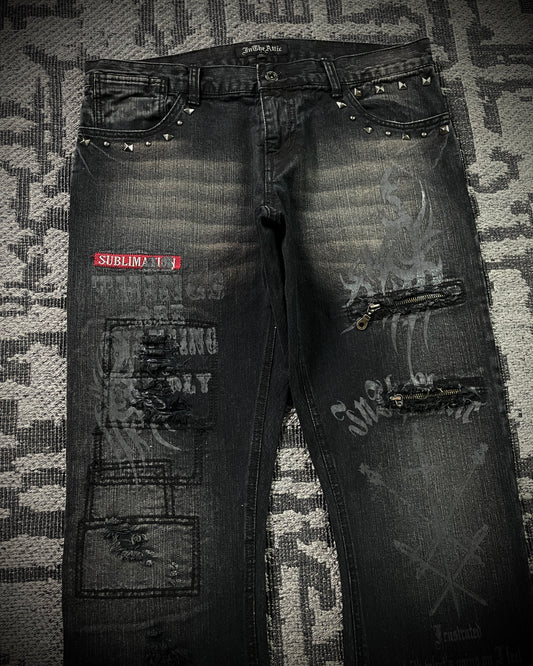 In The Attic Patchwork Studded Punk Bootcut Jeans