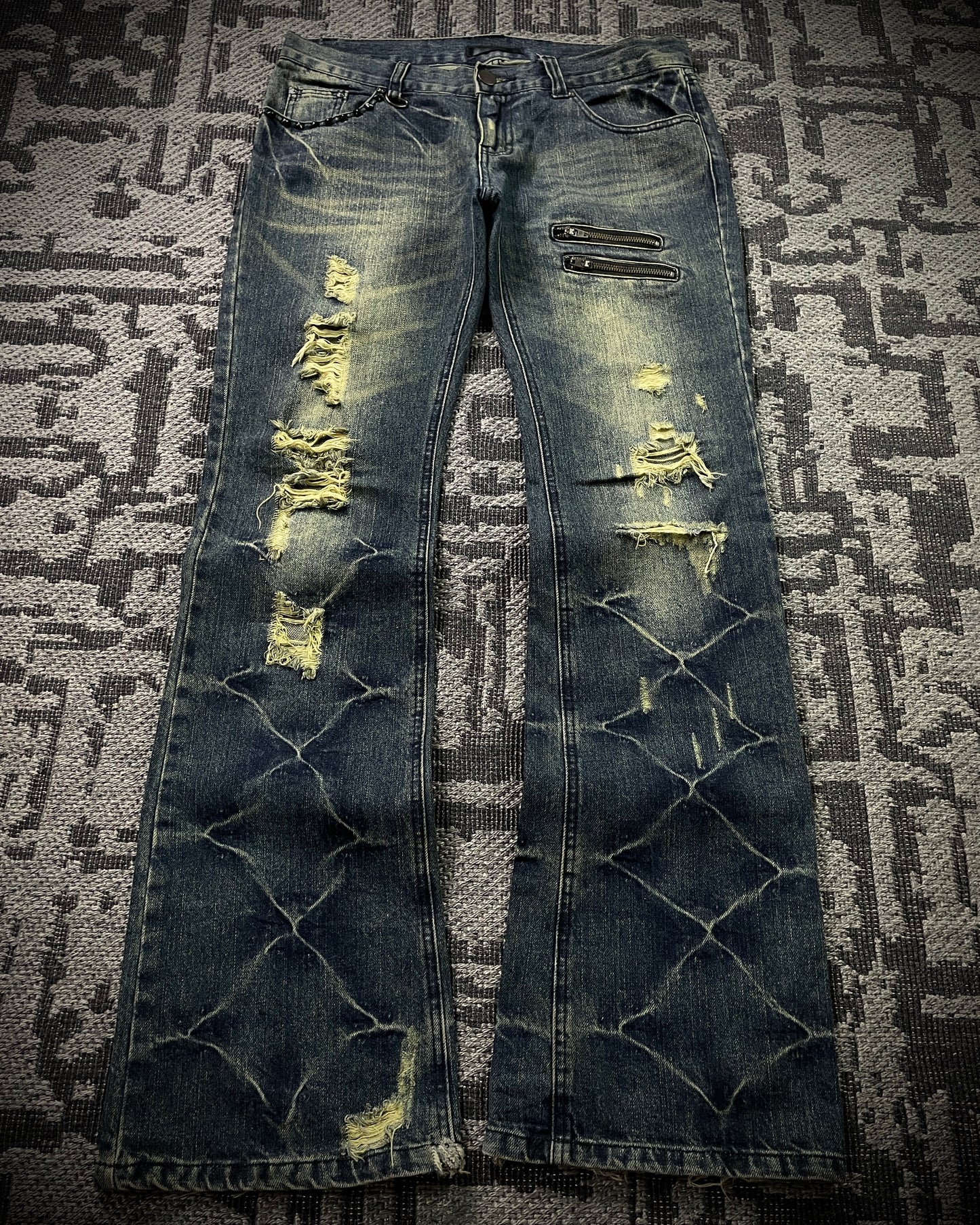 Black Baccara Honeycomb Distressed Flared Jeans