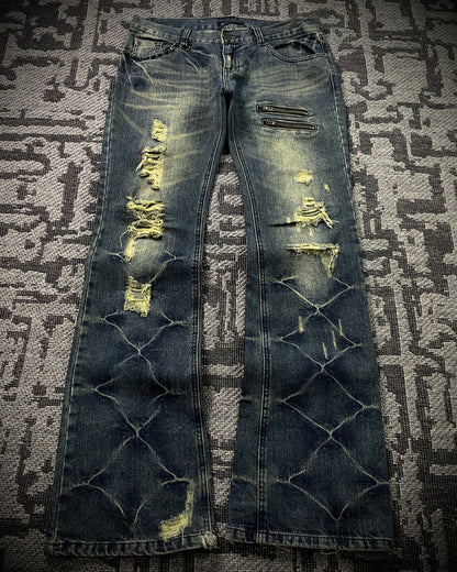 Black Baccara Honeycomb Distressed Flared Jeans