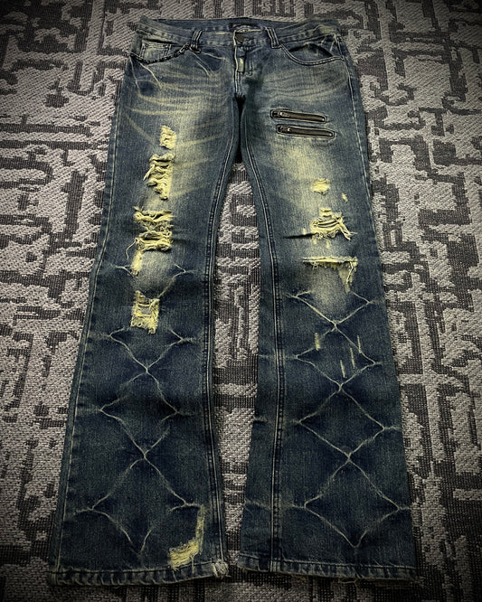 Black Baccara Honeycomb Distressed Flared Jeans