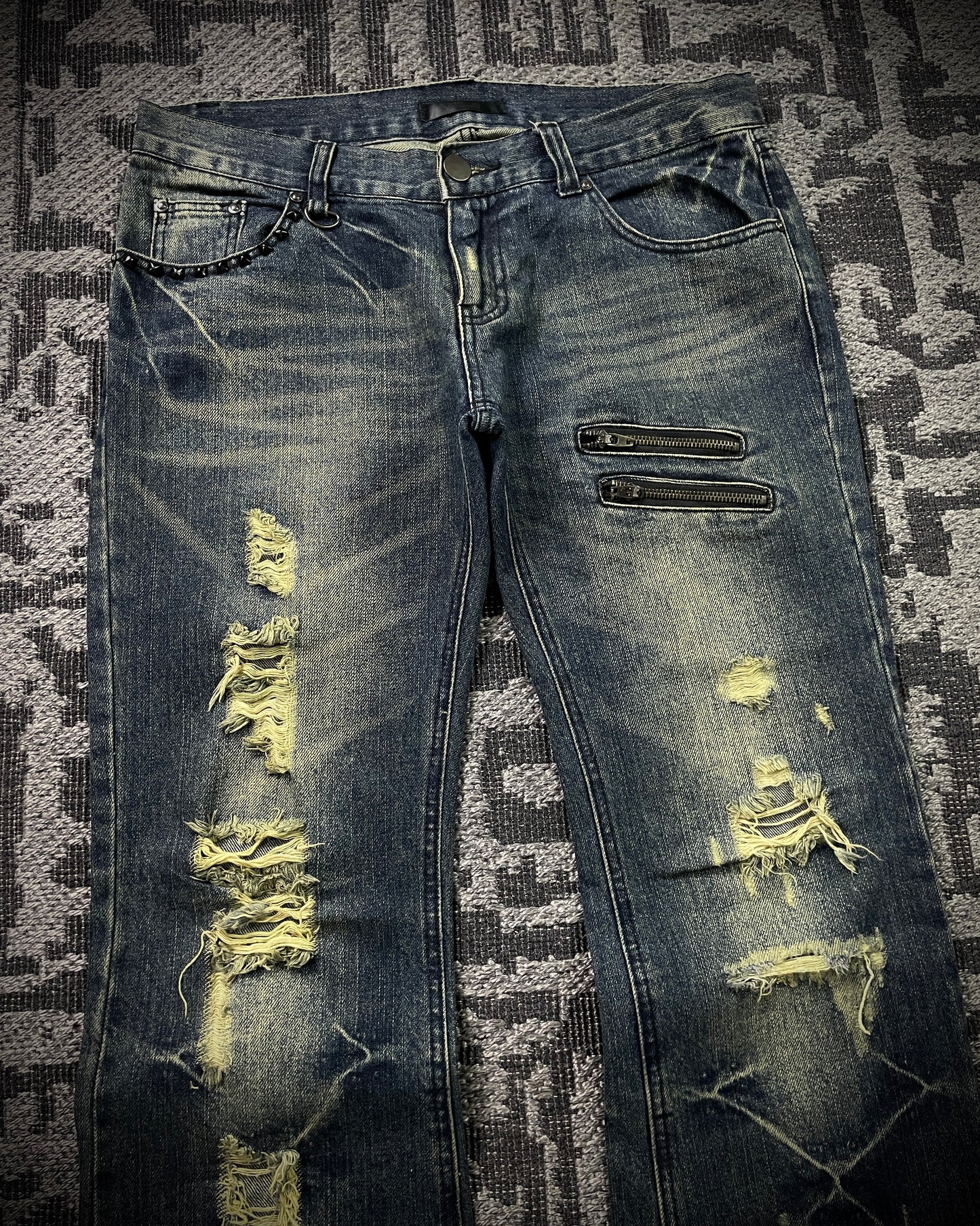 Black Baccara Honeycomb Distressed Flared Jeans