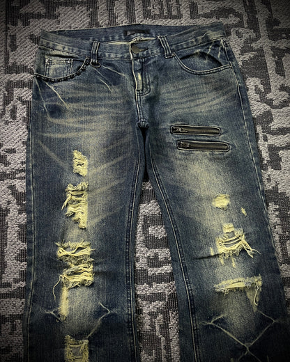 Black Baccara Honeycomb Distressed Flared Jeans