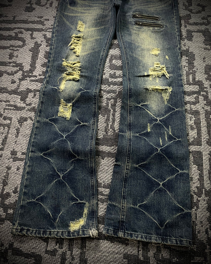 Black Baccara Honeycomb Distressed Flared Jeans