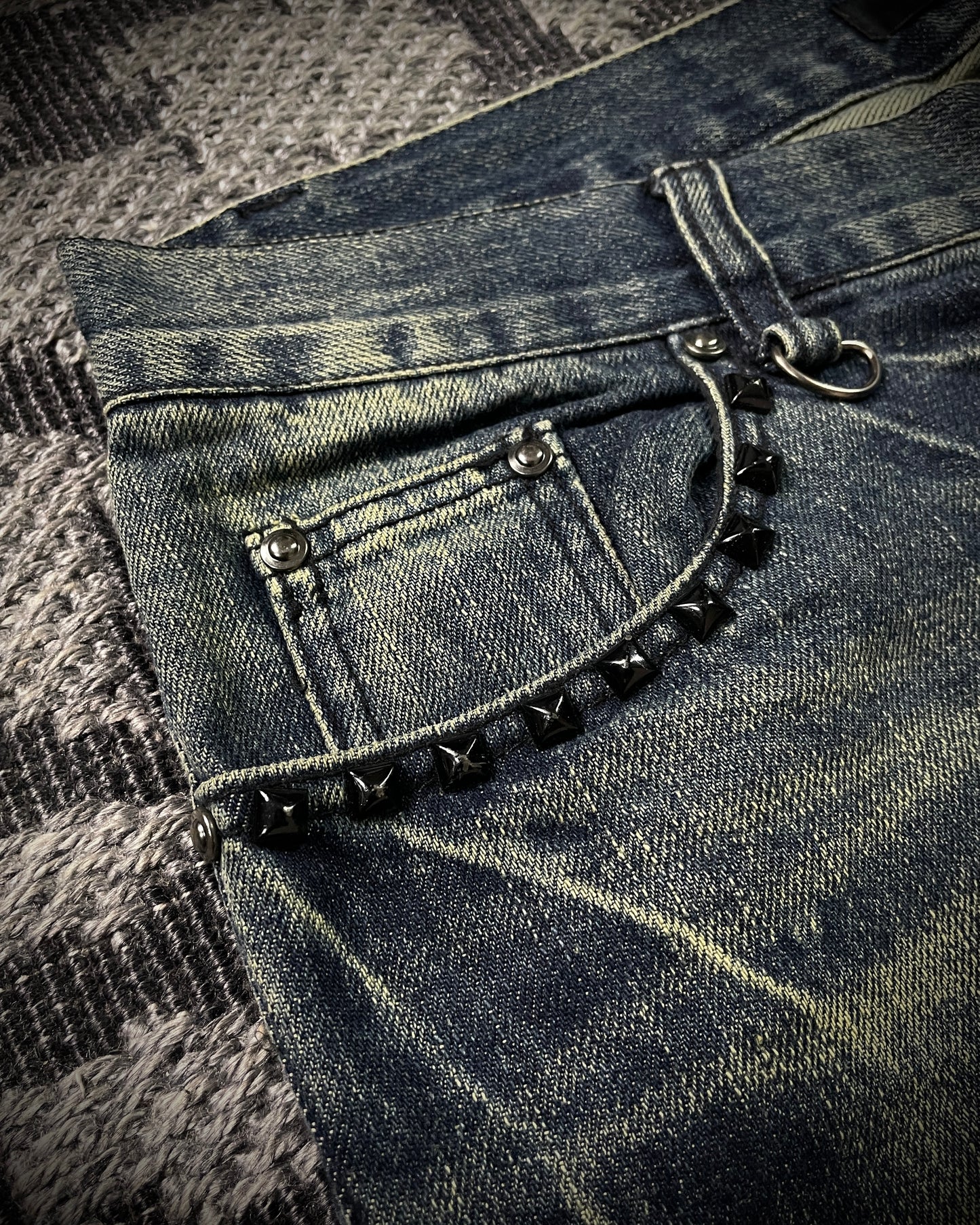 Black Baccara Honeycomb Distressed Flared Jeans