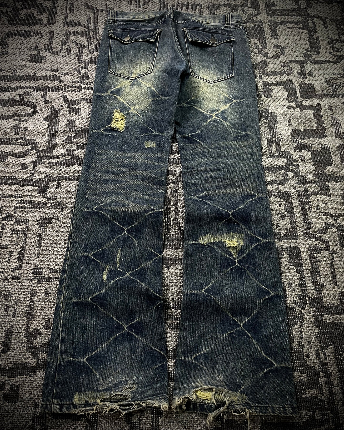 Black Baccara Honeycomb Distressed Flared Jeans