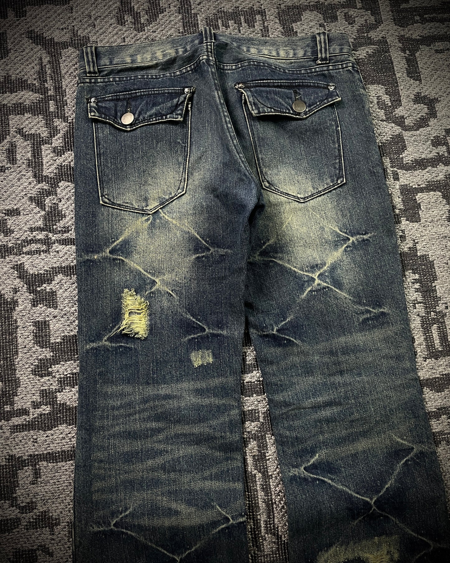 Black Baccara Honeycomb Distressed Flared Jeans