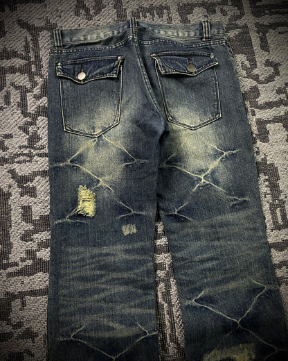 Black Baccara Honeycomb Distressed Flared Jeans