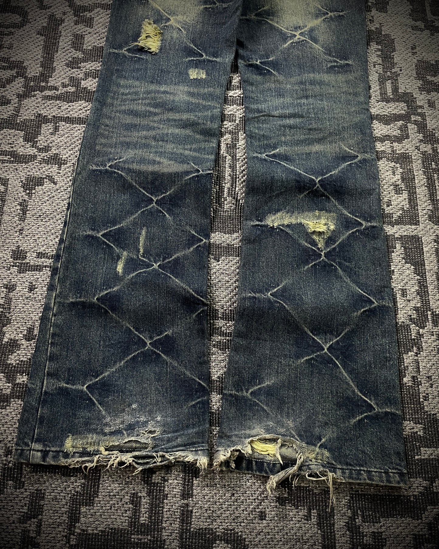 Black Baccara Honeycomb Distressed Flared Jeans