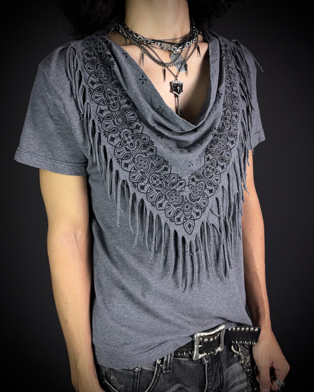 Discovered Fringed Draped Graphic T-Shirt
