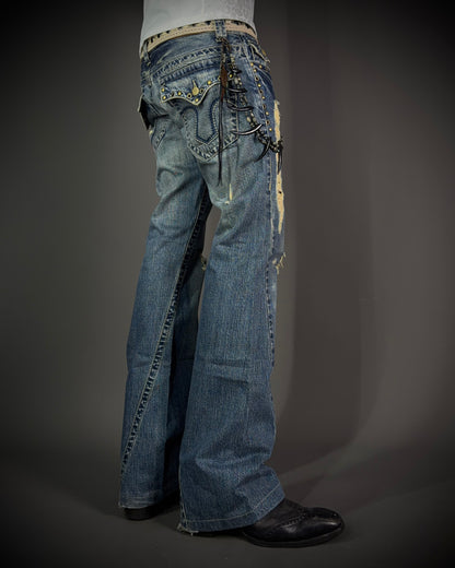 Tornado Mart Studded Distressed Flare Denim