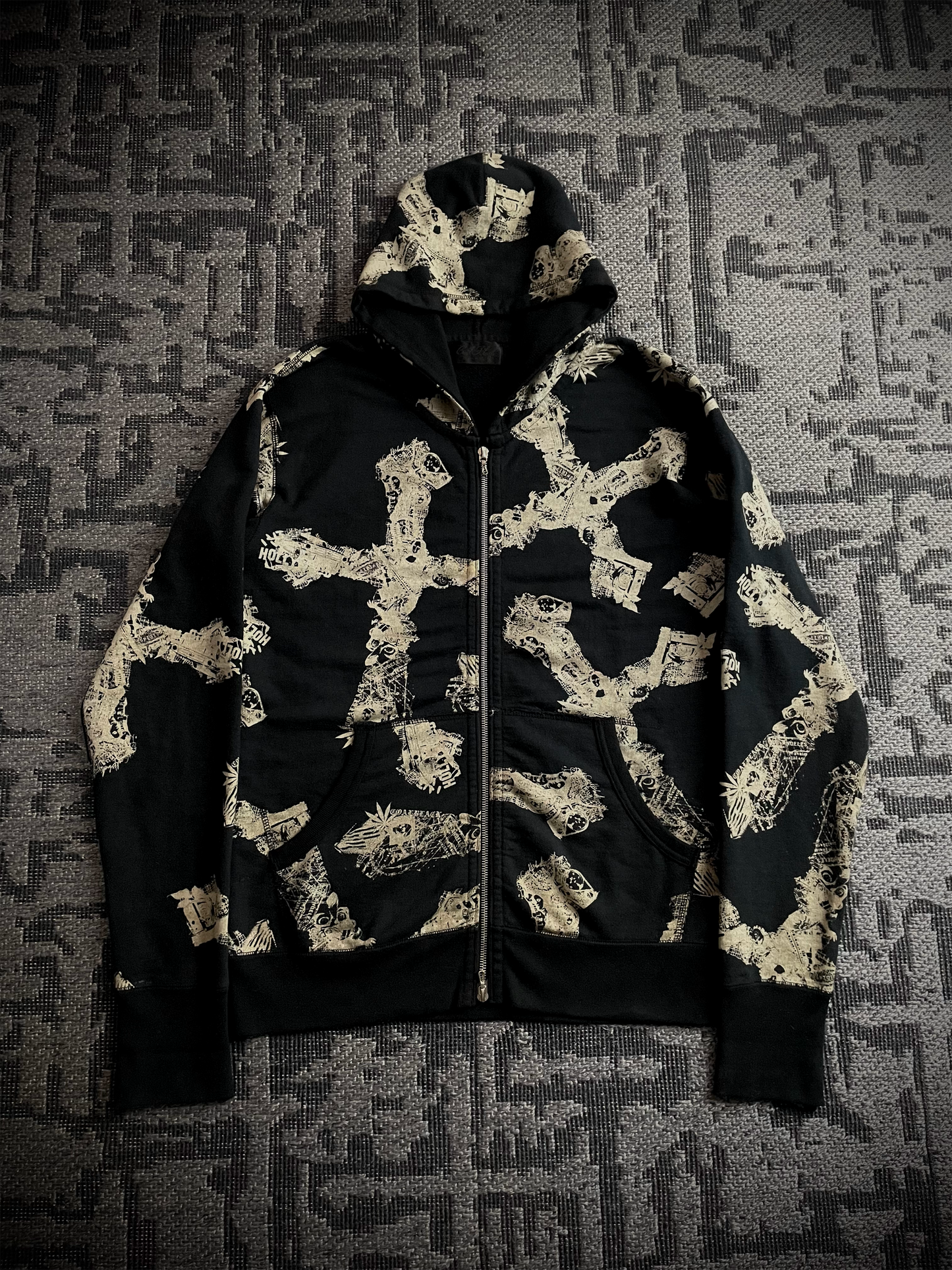 Coal Black Japanese Abstract Cross RIRI Zipper Hoodie