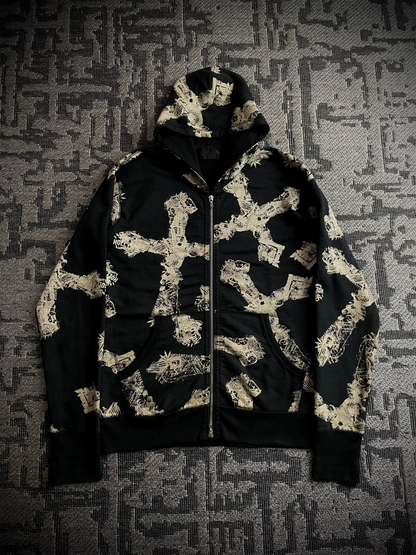 Coal Black Japanese Abstract Cross RIRI Zipper Hoodie