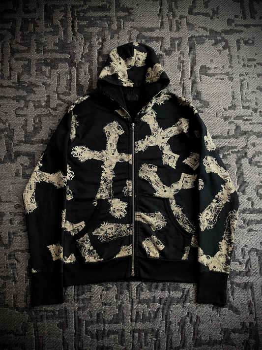 Coal Black Japanese Abstract Cross RIRI Zipper Hoodie