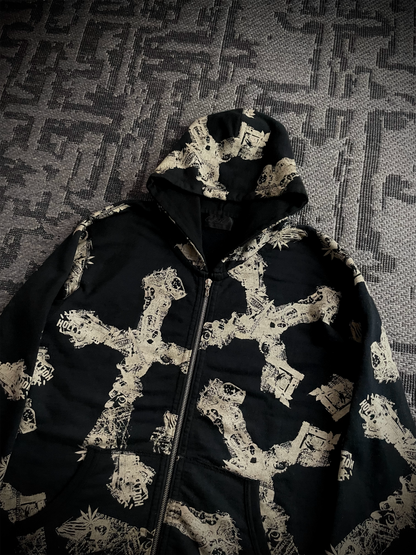 Coal Black Japanese Abstract Cross RIRI Zipper Hoodie