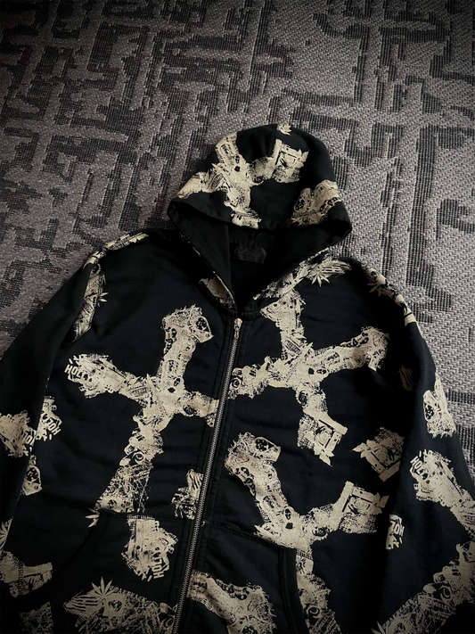 Coal Black Japanese Abstract Cross RIRI Zipper Hoodie