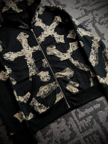 Coal Black Japanese Abstract Cross RIRI Zipper Hoodie