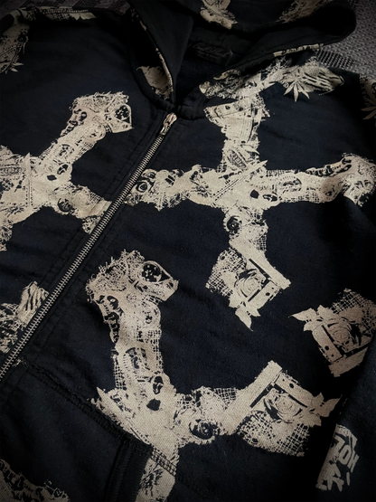 Coal Black Japanese Abstract Cross RIRI Zipper Hoodie