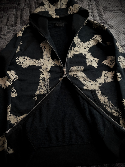 Coal Black Japanese Abstract Cross RIRI Zipper Hoodie