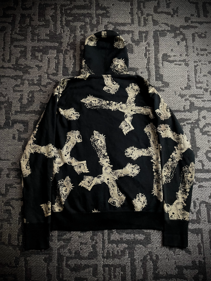 Coal Black Japanese Abstract Cross RIRI Zipper Hoodie