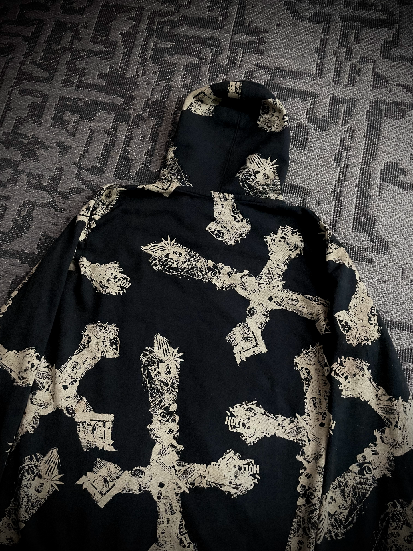 Coal Black Japanese Abstract Cross RIRI Zipper Hoodie