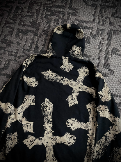 Coal Black Japanese Abstract Cross RIRI Zipper Hoodie