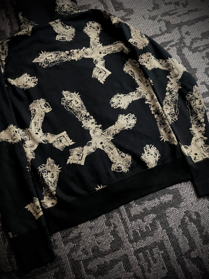 Coal Black Japanese Abstract Cross RIRI Zipper Hoodie