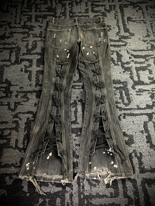 Tornado Mart Back Long Lace Up Flared Jeans