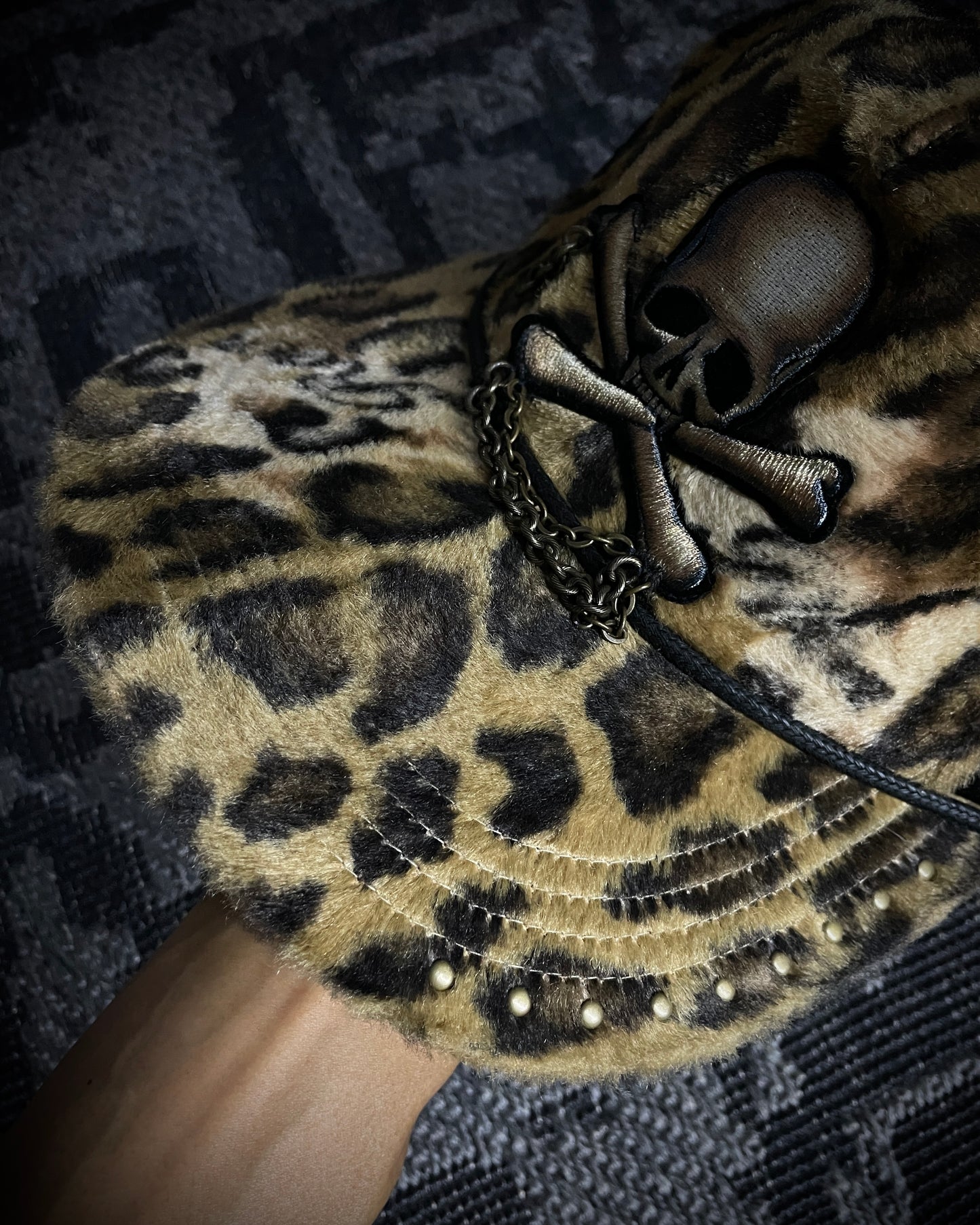 Roen Leopard Fur Skull Trucker Cap Chain