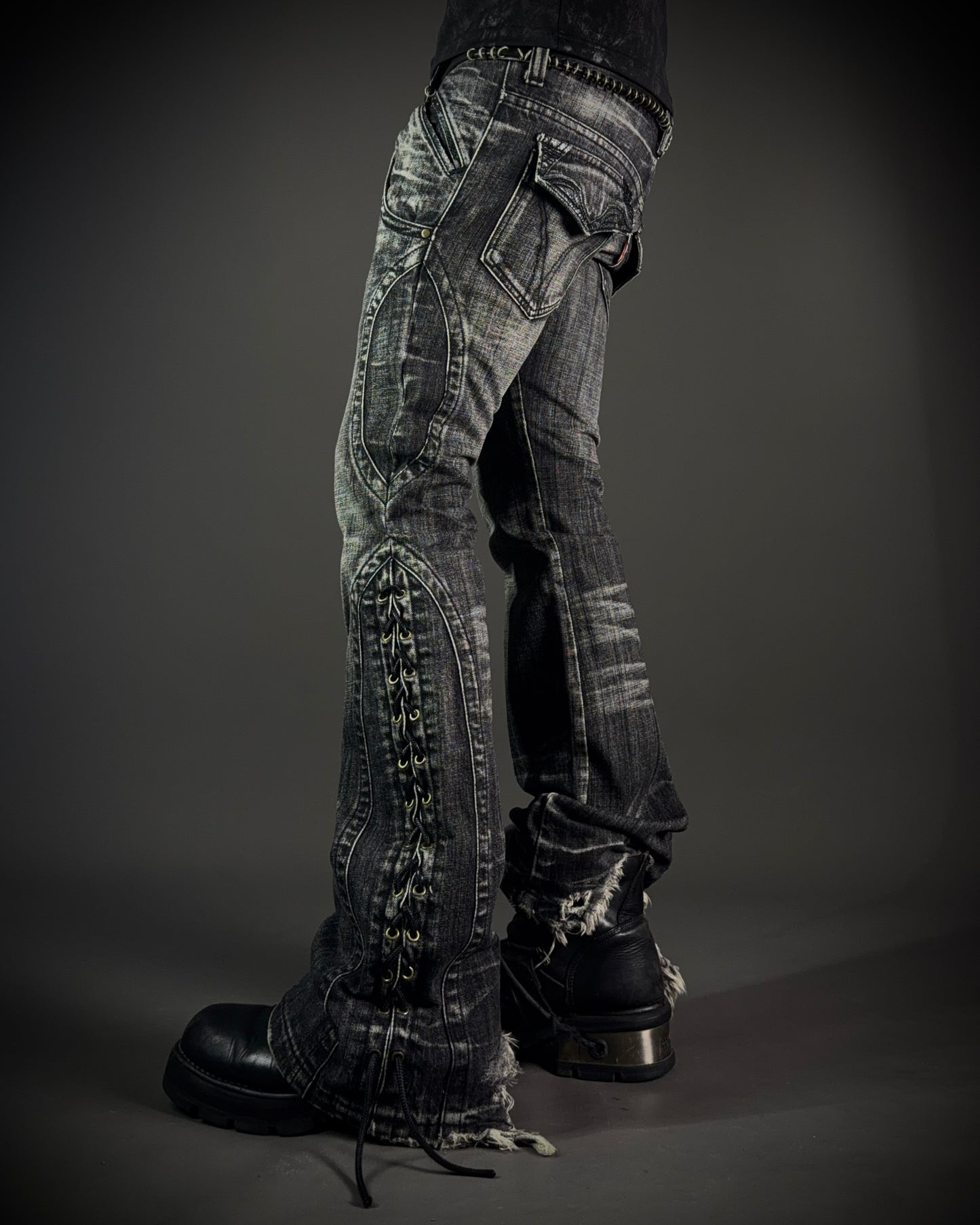 Tornado Mart Curved Panel Lace Up Flared Denim