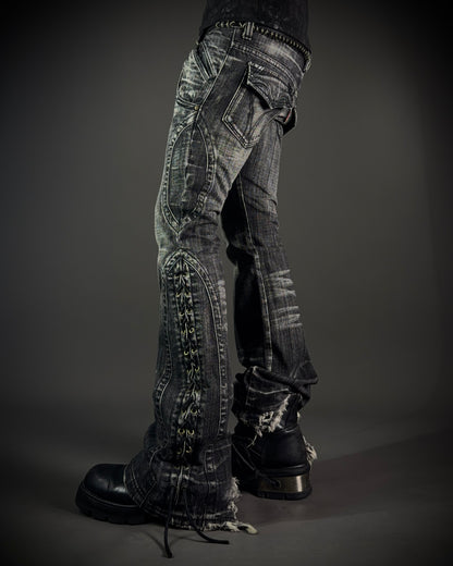 Tornado Mart Curved Panel Lace Up Flared Denim