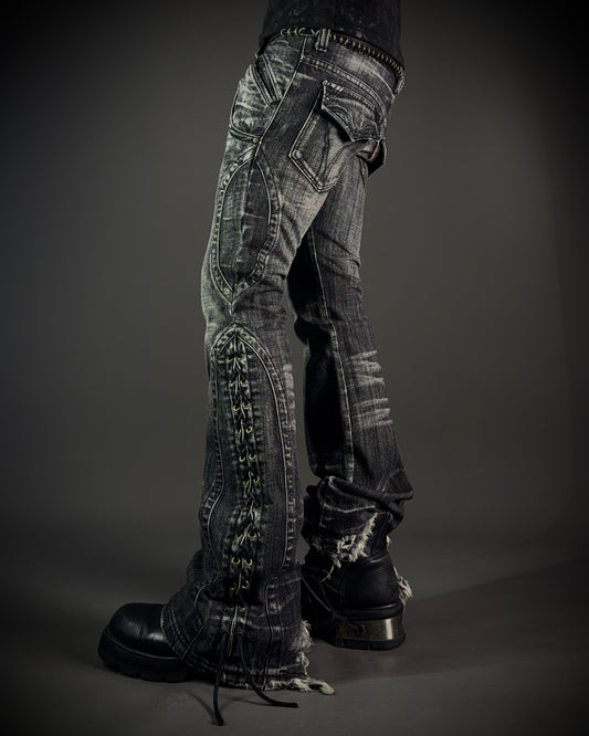 Tornado Mart Curved Panel Lace Up Flared Denim