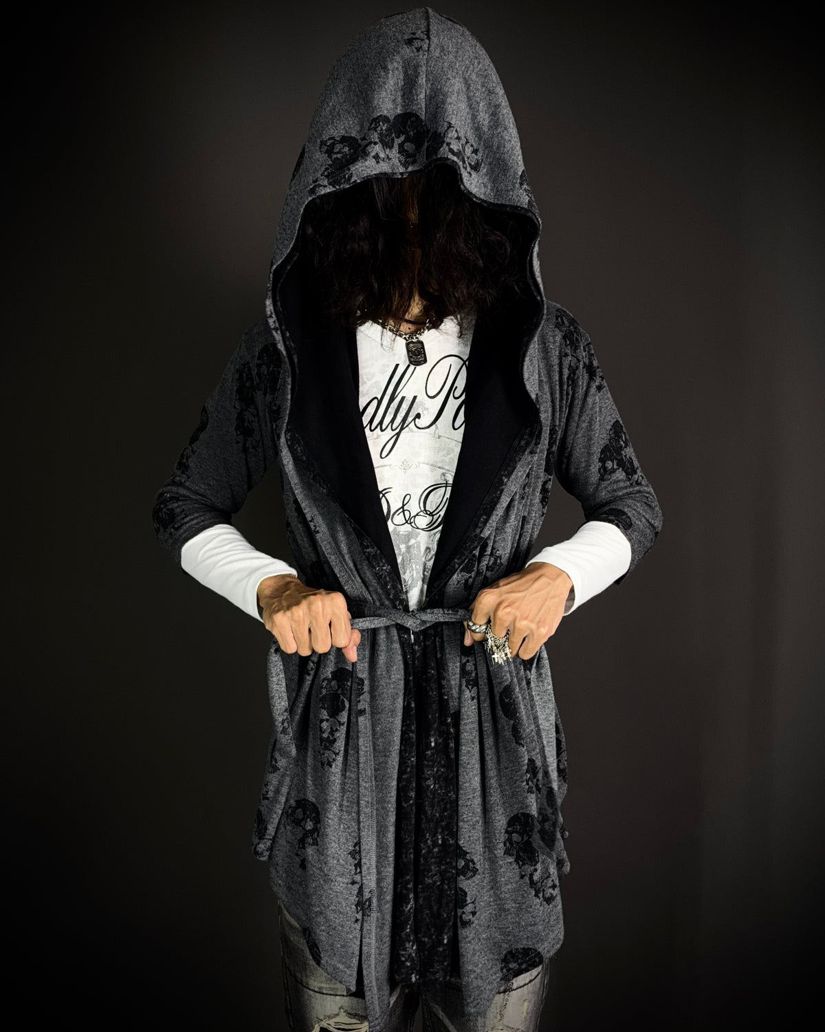 Bernings Sho Skull Draped Double Layer Hooded Cardigan