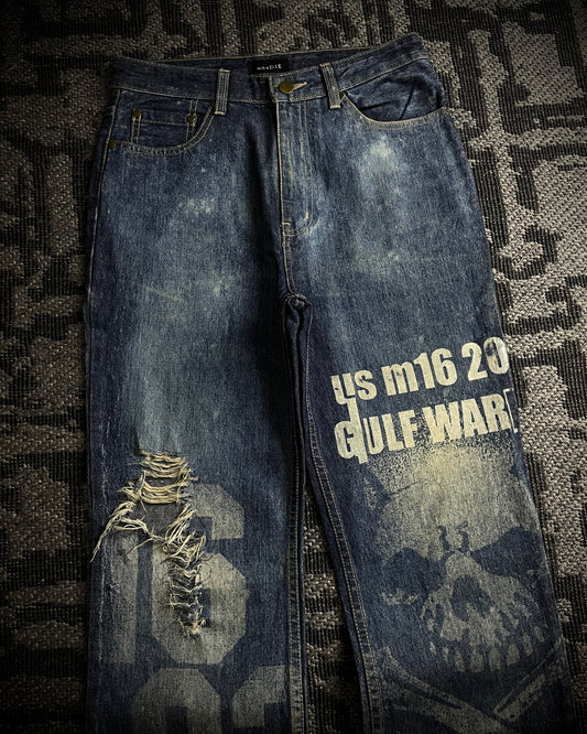 H.Naoto+Die Skull Poem Print Slim Straight Jeans