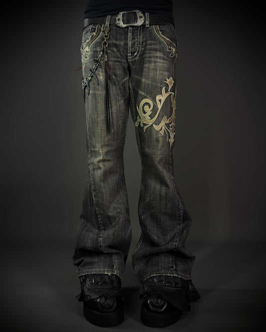 Tornado Mart Ornamental Embroidered Flared Denim