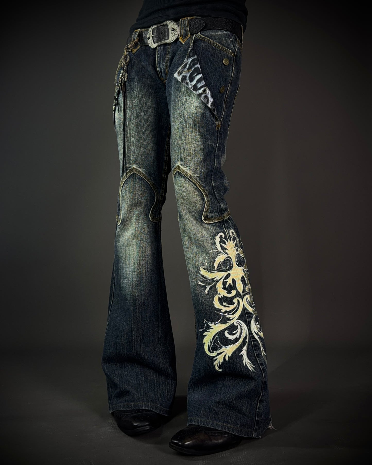 Tornado Mart Tribal Embroidered Flared Denim