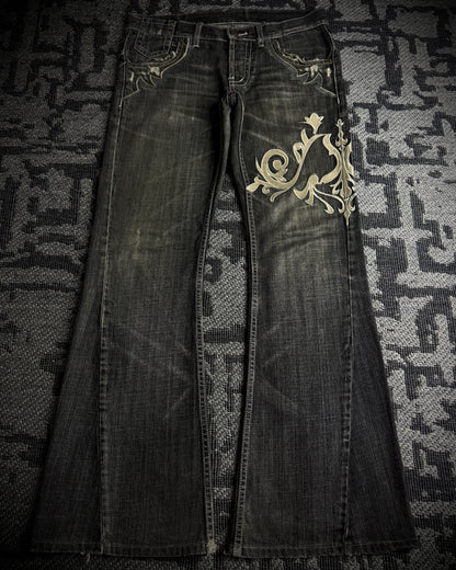 Tornado Mart Ornamental Embroidered Flared Denim