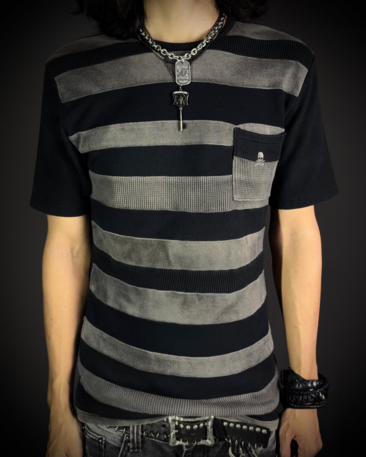 Roen Patterned Stripe Skull T-Shirt